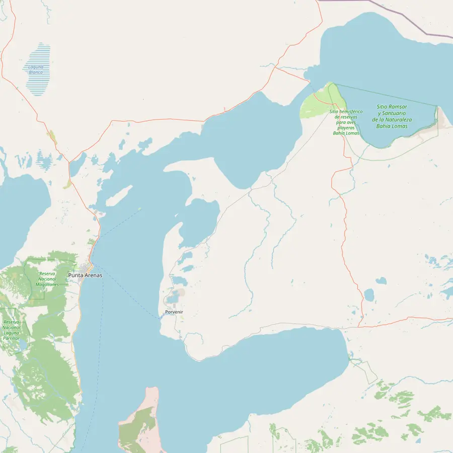 Map of the eastern strait with Punta Arenas, Isla Magdalena and Isla Marta, Porvenir, Parque Pingüino Rey on Bahía Inútil and the Primera Angostura crossing