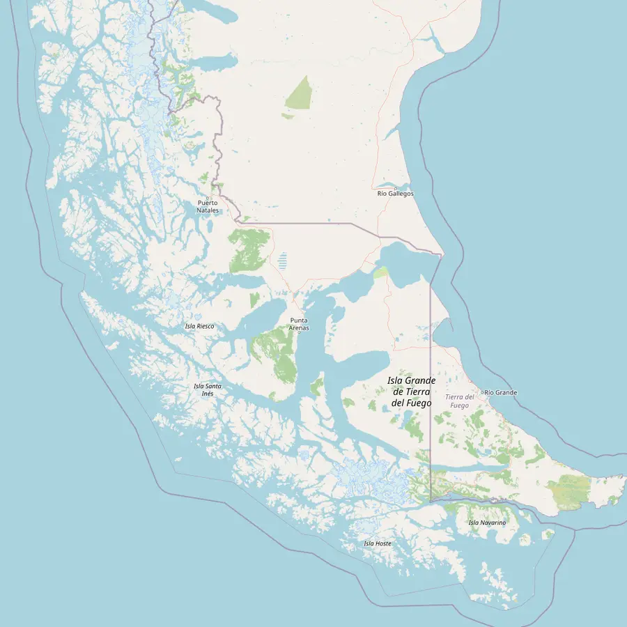 Map of southern Patagonia with Punta Arenas airport, Puerto Natales, Torres del Paine and Ushuaia