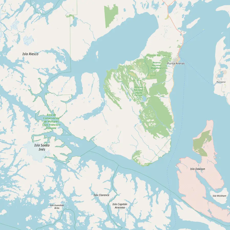 Map of the Strait of Magellan south of Punta Arenas with Fuerte Bulnes, the San Isidro lighthouse, Cabo Froward and Isla Carlos III in the western channels